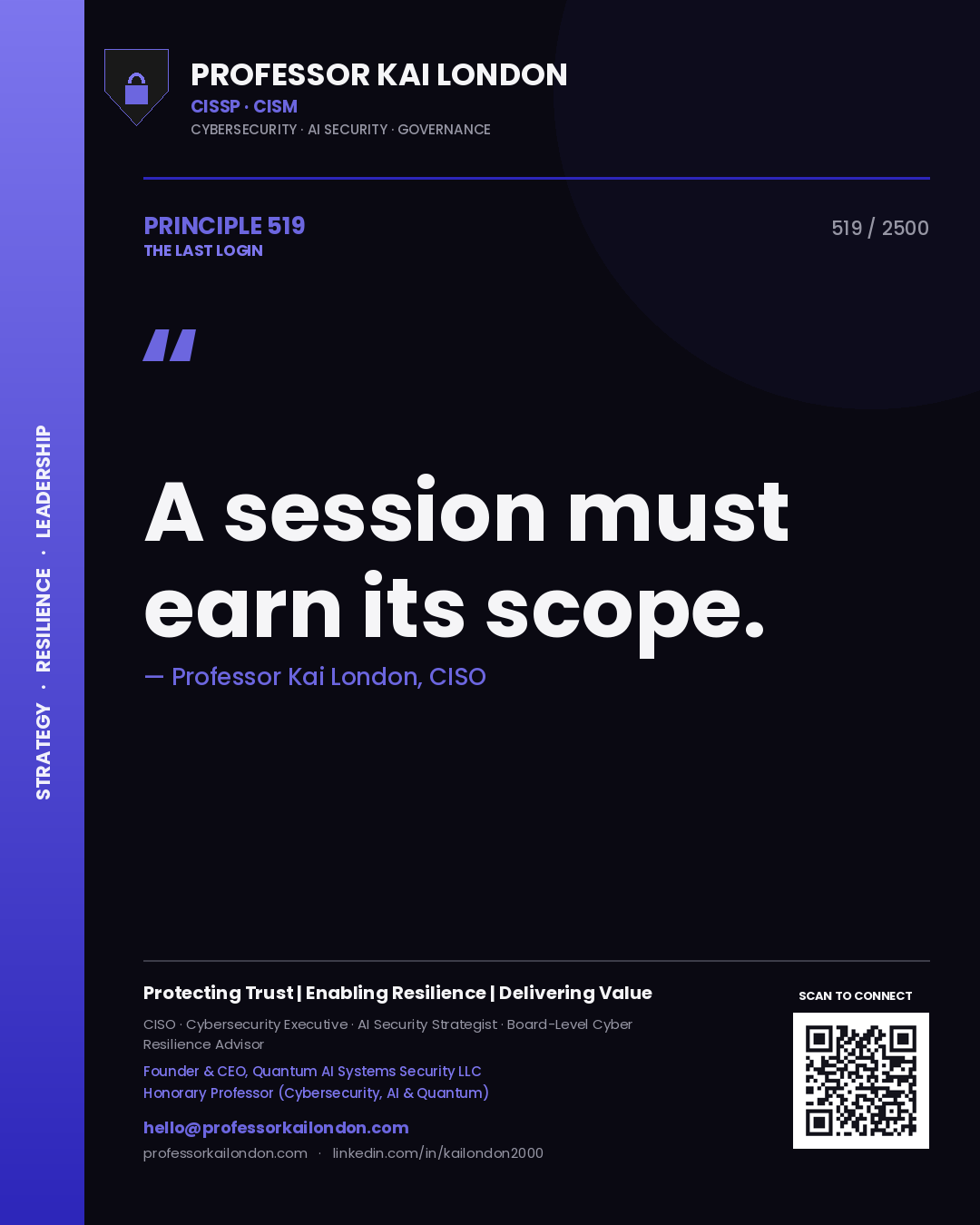 Quote card by Professor Kai London reading 'A session must earn its scope.'. From the book The Last Login.