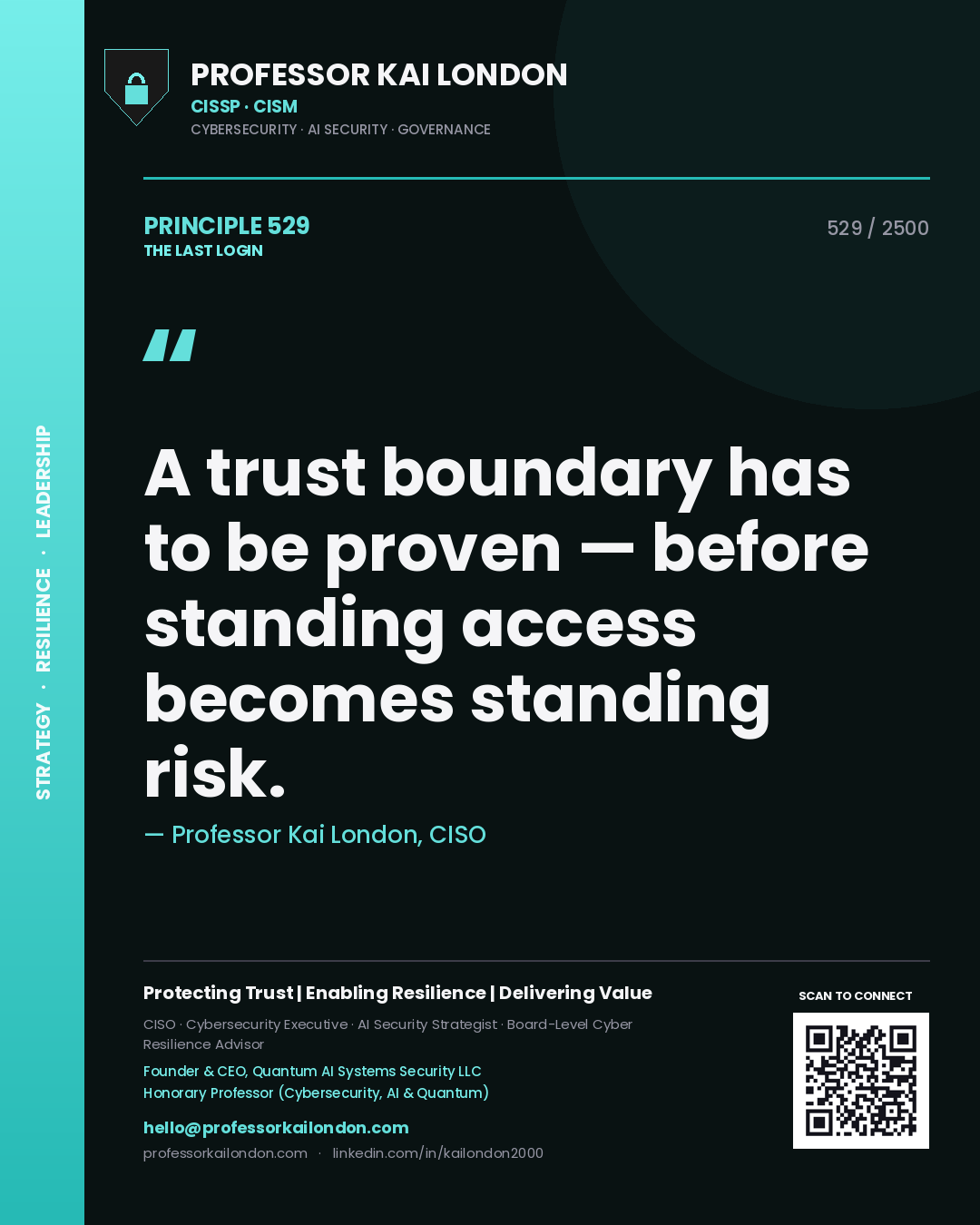 Professor Kai London principle 529: A trust boundary has to be proven — before standing access becomes standing risk.