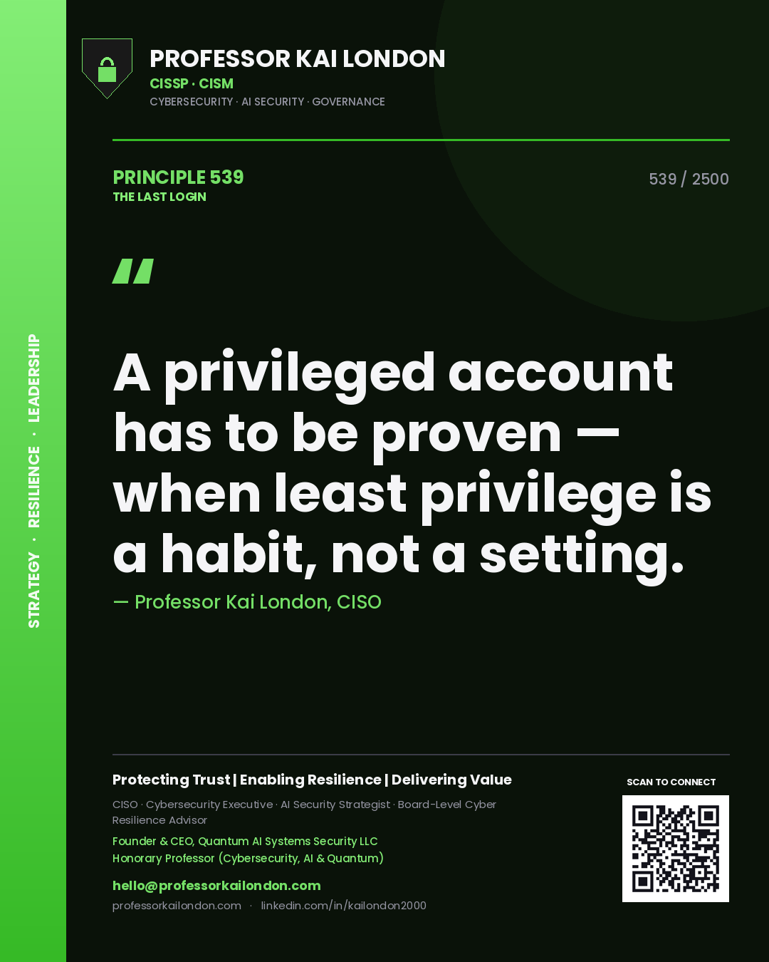 Professor Kai London principle 539: A privileged account has to be proven — when least privilege is a habit, not a setting.