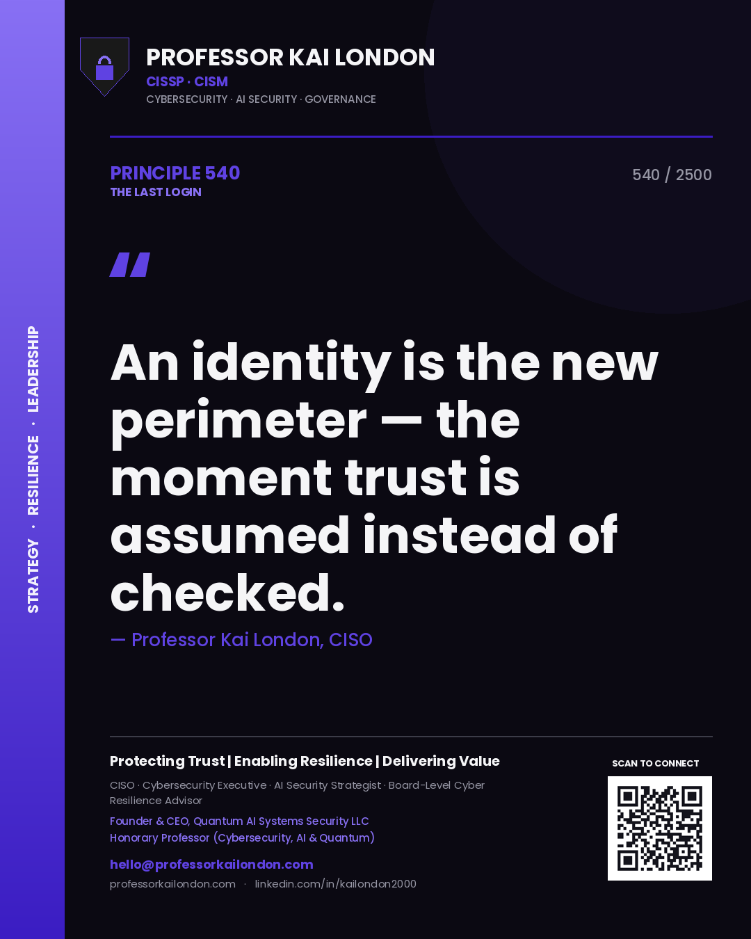 Quote card by Professor Kai London reading 'An identity is the new perimeter — the moment trust is assumed instead of checked.'. From the book The Last Login.