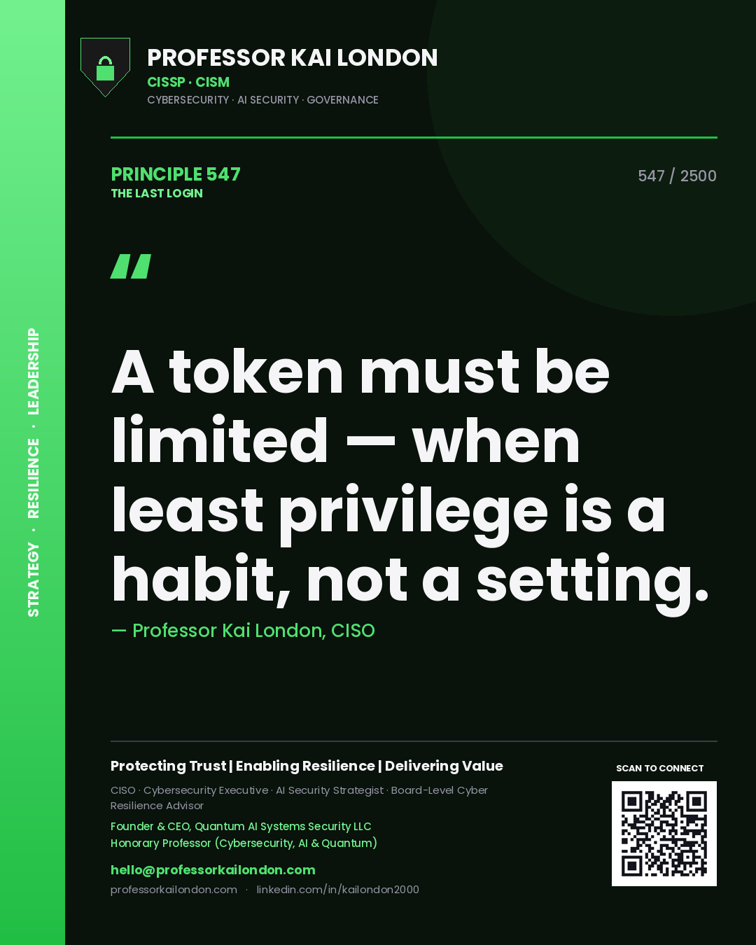 Quote card by Professor Kai London reading 'A token must be limited — when least privilege is a habit, not a setting.'. From the book The Last Login.