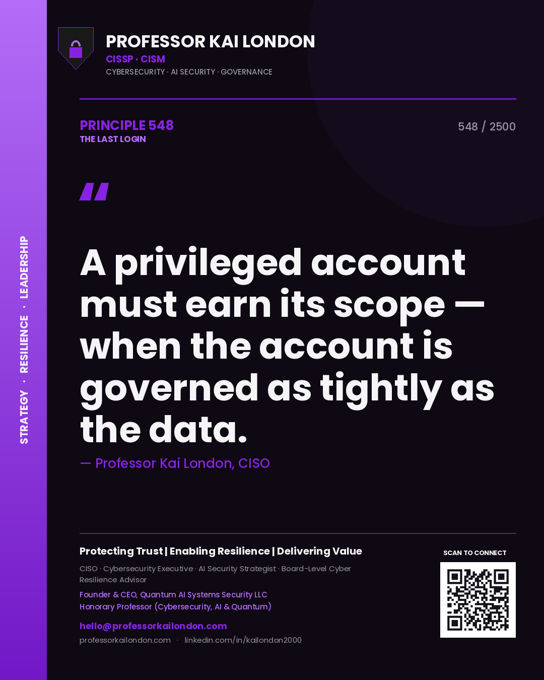 Professor Kai London principle 548: A privileged account must earn its scope — when the account is governed as tightly as the data.