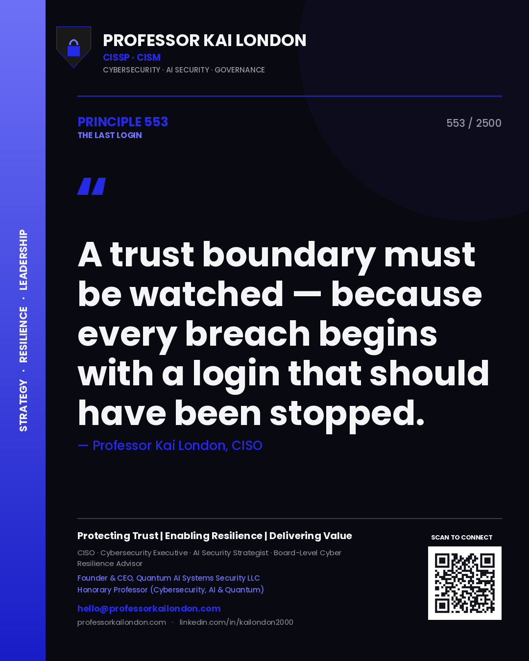 Quote card by Professor Kai London reading 'A trust boundary must be watched — because every breach begins with a login that should have been stopped.'. From the book The Last Login.