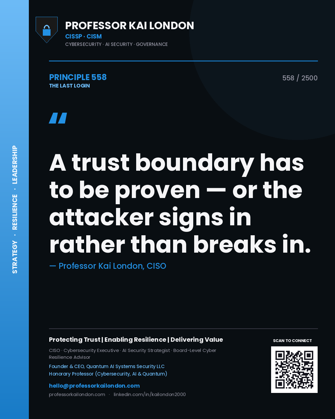 Professor Kai London principle 558: A trust boundary has to be proven — or the attacker signs in rather than breaks in.