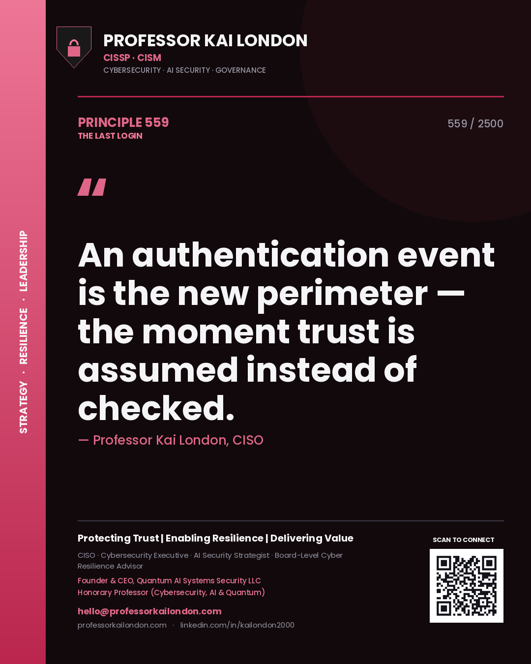 Quote card by Professor Kai London reading 'An authentication event is the new perimeter — the moment trust is assumed instead of checked.'. From the book The Last Login.