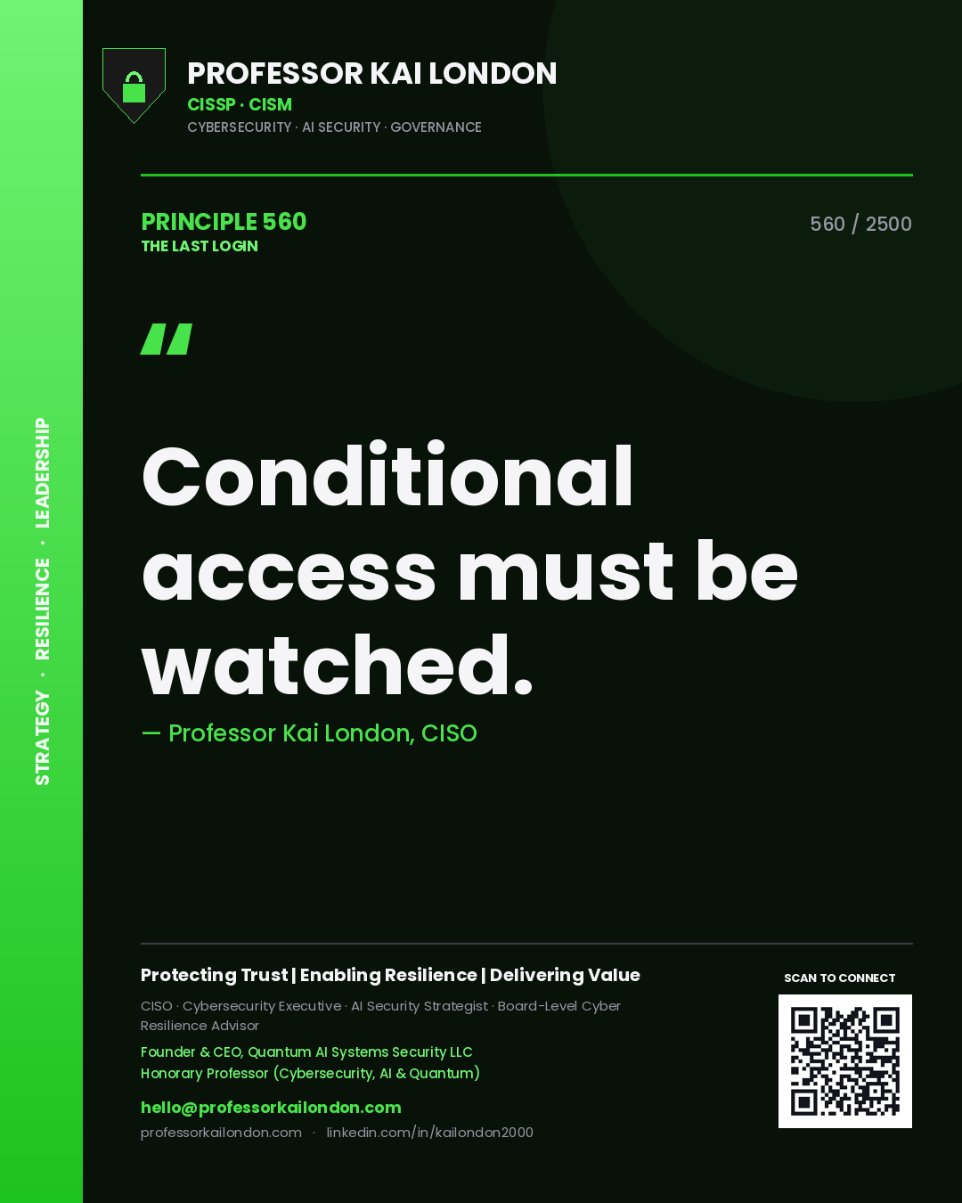 Quote card by Professor Kai London reading 'Conditional access must be watched.'. From the book The Last Login.