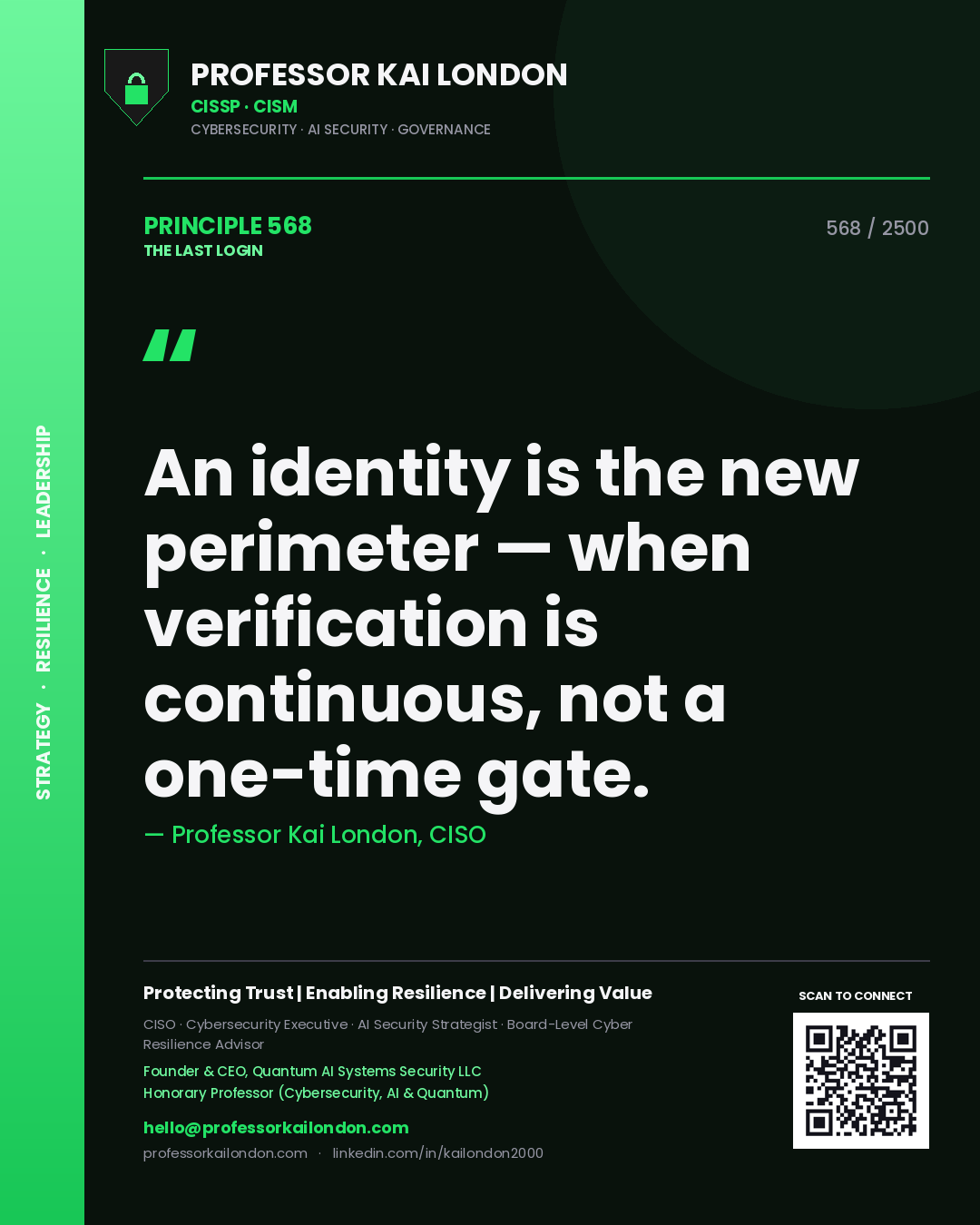Professor Kai London principle 568: An identity is the new perimeter — when verification is continuous, not a one-time gate.