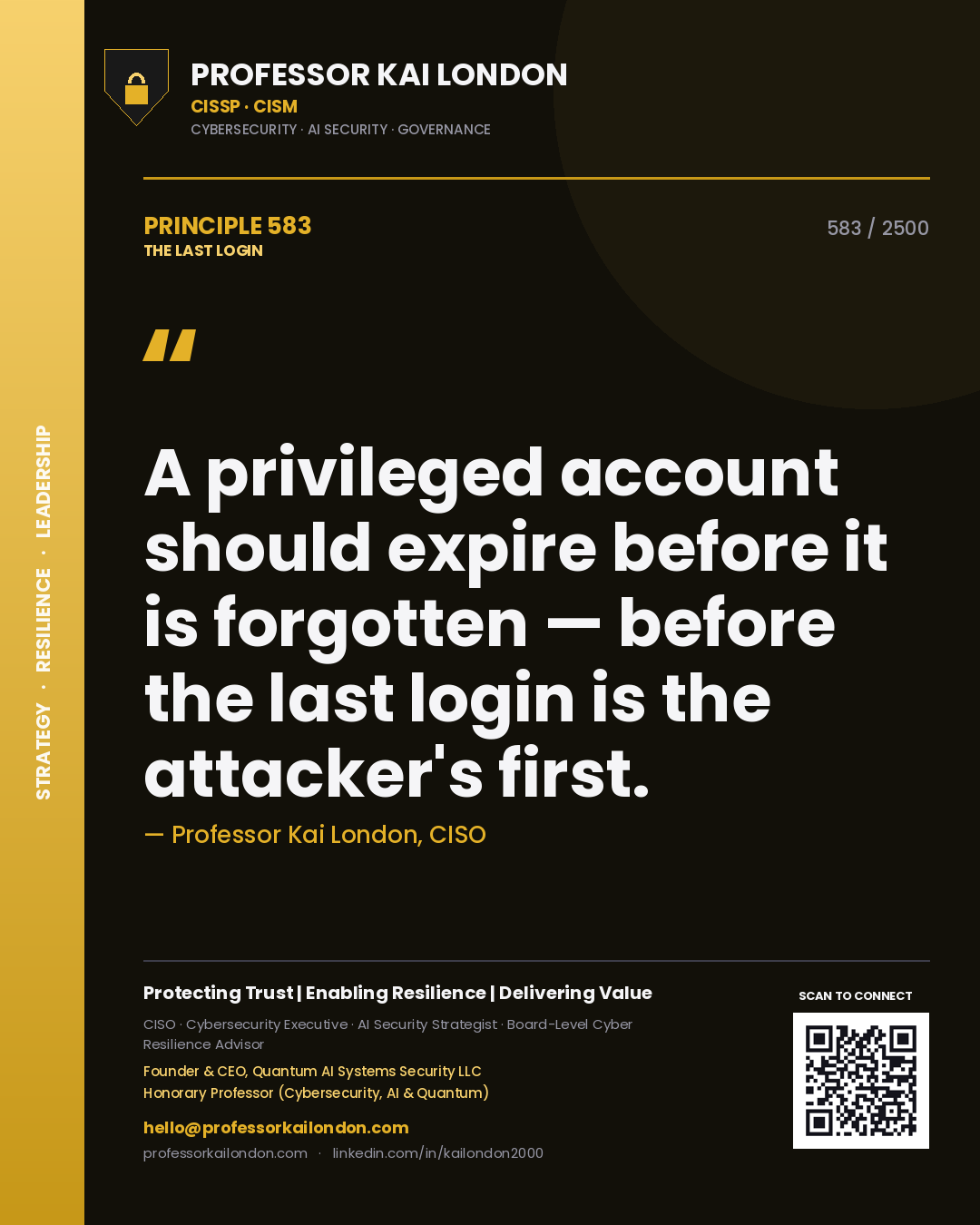 Professor Kai London principle 583: A privileged account should expire before it is forgotten — before the last login is the attacker's first.