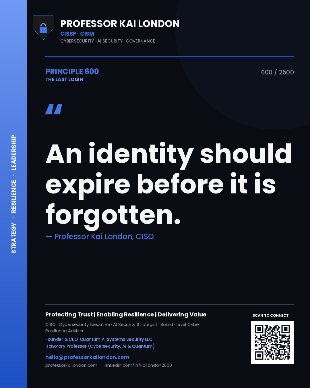 Professor Kai London principle 600: An identity should expire before it is forgotten.