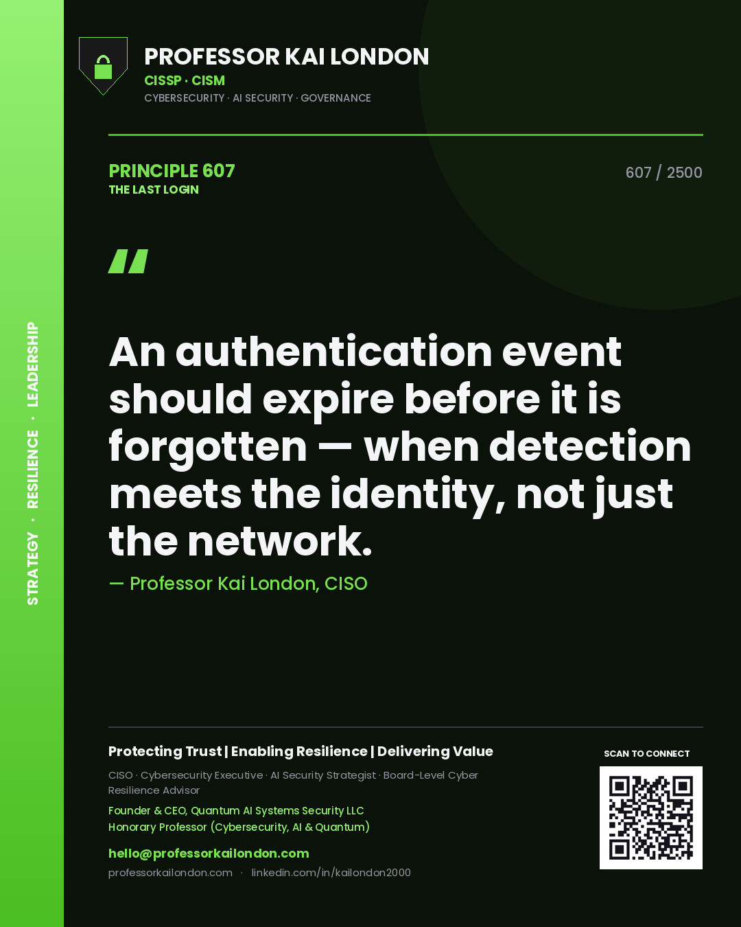 Professor Kai London principle 607: An authentication event should expire before it is forgotten — when detection meets the identity, not just the network.