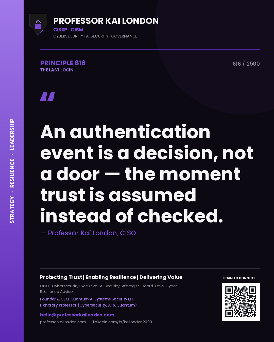 Professor Kai London principle 616: An authentication event is a decision, not a door — the moment trust is assumed instead of checked.