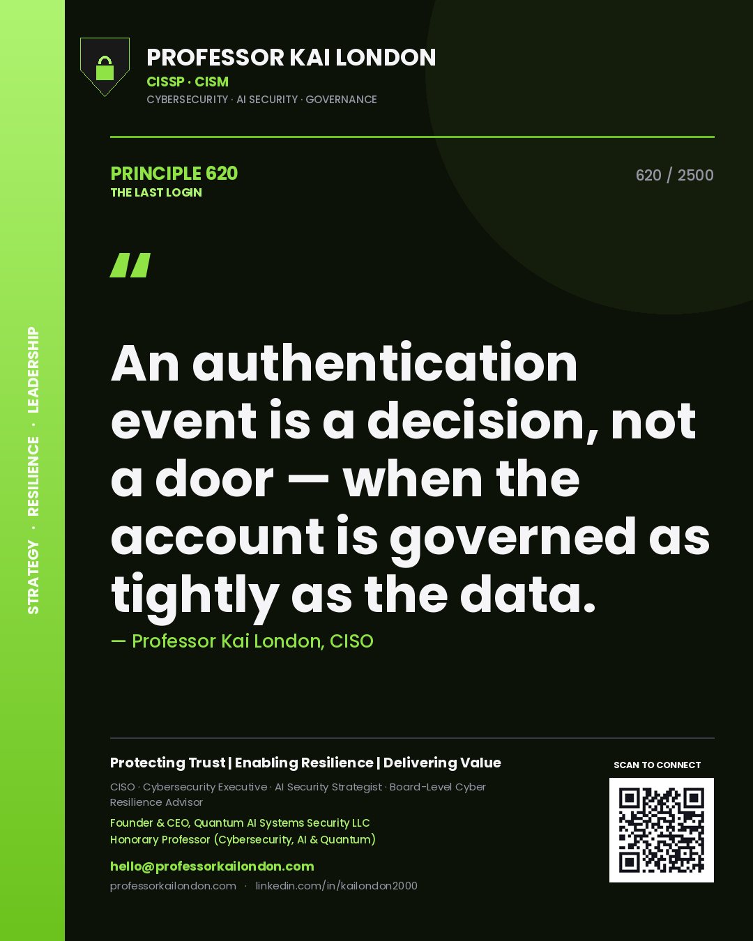Quote card by Professor Kai London reading 'An authentication event is a decision, not a door — when the account is governed as tightly as the data.'. From the book The Last Login.