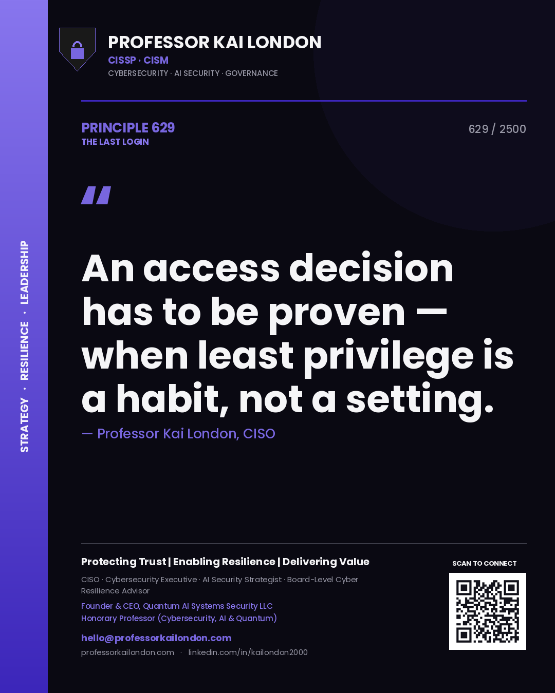 Quote card by Professor Kai London reading 'An access decision has to be proven — when least privilege is a habit, not a setting.'. From the book The Last Login.