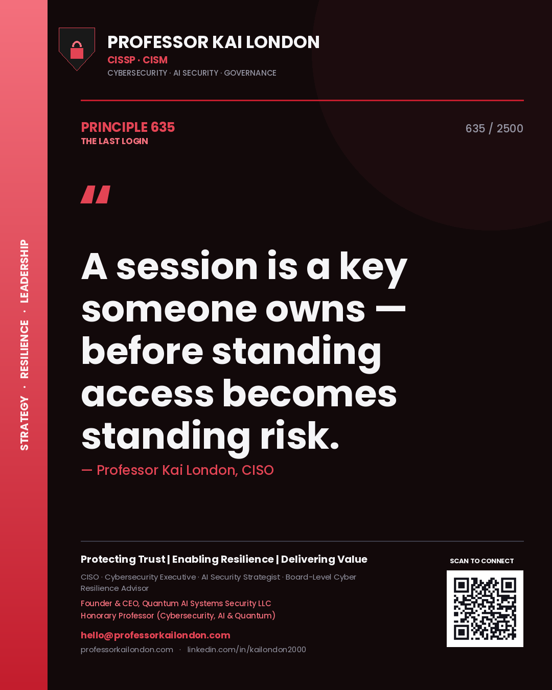 Quote card by Professor Kai London reading 'A session is a key someone owns — before standing access becomes standing risk.'. From the book The Last Login.