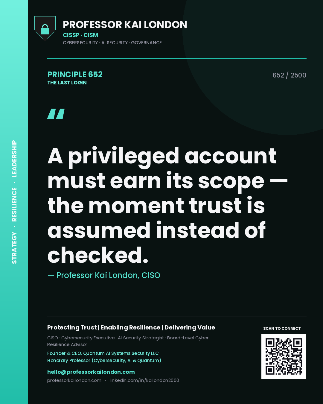 Quote card by Professor Kai London reading 'A privileged account must earn its scope — the moment trust is assumed instead of checked.'. From the book The Last Login.