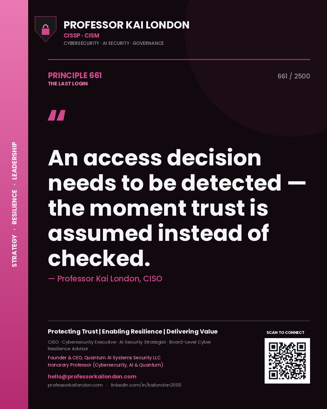 Quote card by Professor Kai London reading 'An access decision needs to be detected — the moment trust is assumed instead of checked.'. From the book The Last Login.