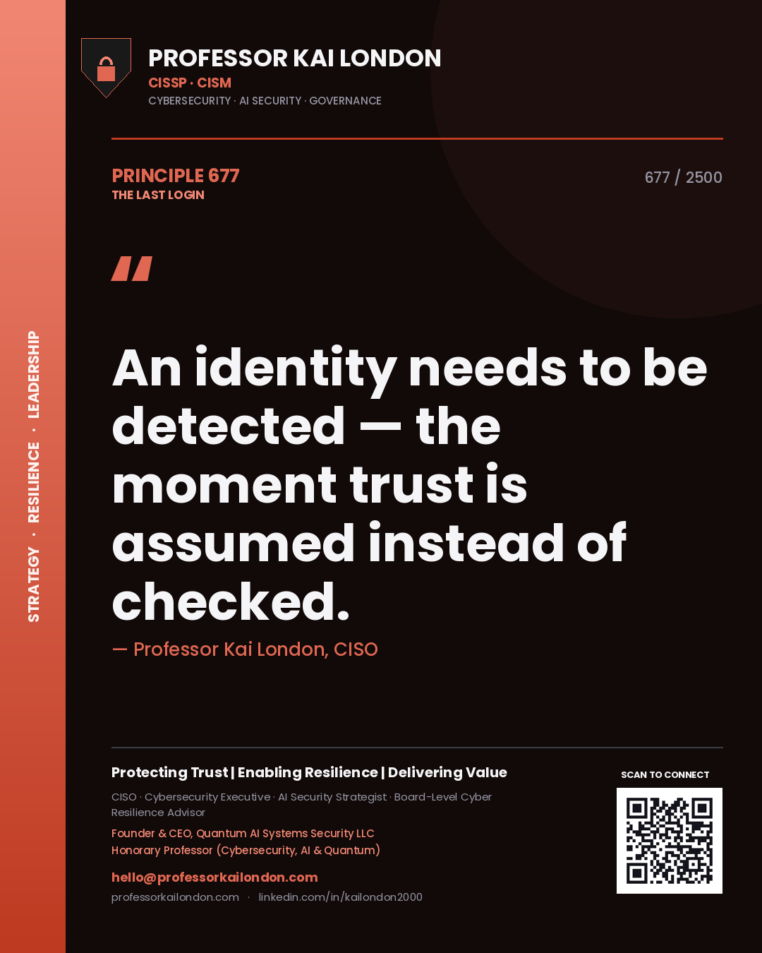 Quote card by Professor Kai London reading 'An identity needs to be detected — the moment trust is assumed instead of checked.'. From the book The Last Login.