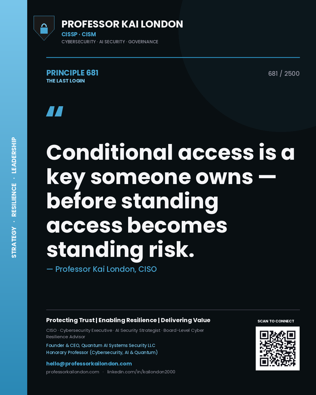 Quote card by Professor Kai London reading 'Conditional access is a key someone owns — before standing access becomes standing risk.'. From the book The Last Login.