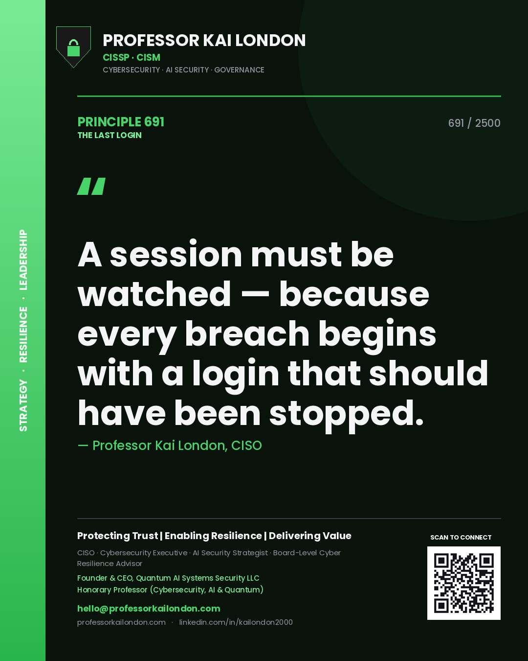 Quote card by Professor Kai London reading 'A session must be watched — because every breach begins with a login that should have been stopped.'. From the book The Last Login.