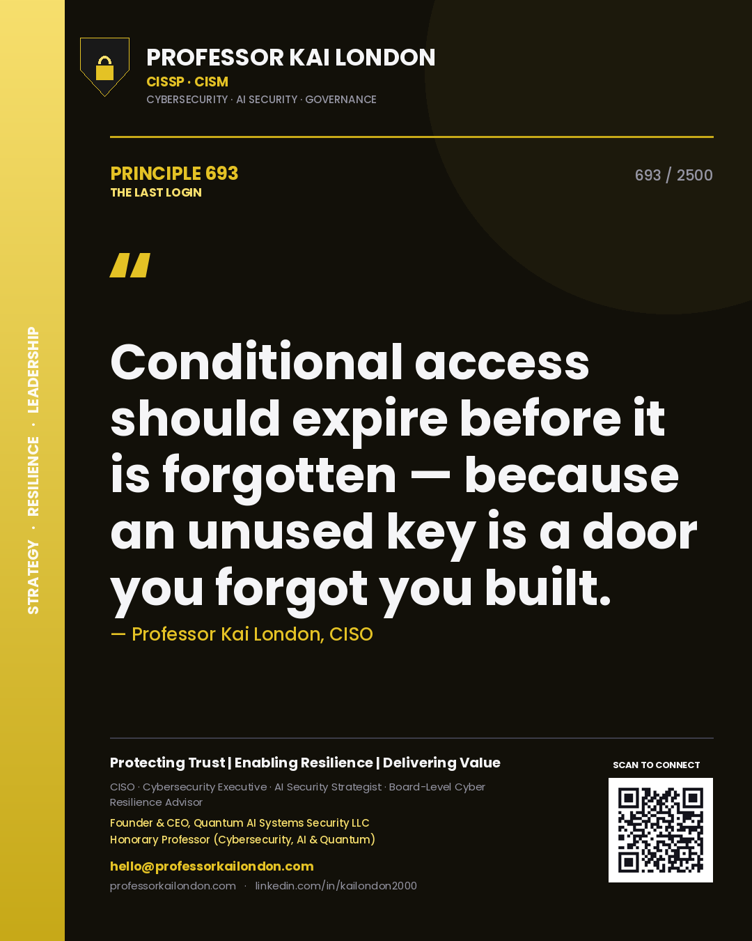 Quote card by Professor Kai London reading 'Conditional access should expire before it is forgotten — because an unused key is a door you forgot you built.'. From the book The Last Login.