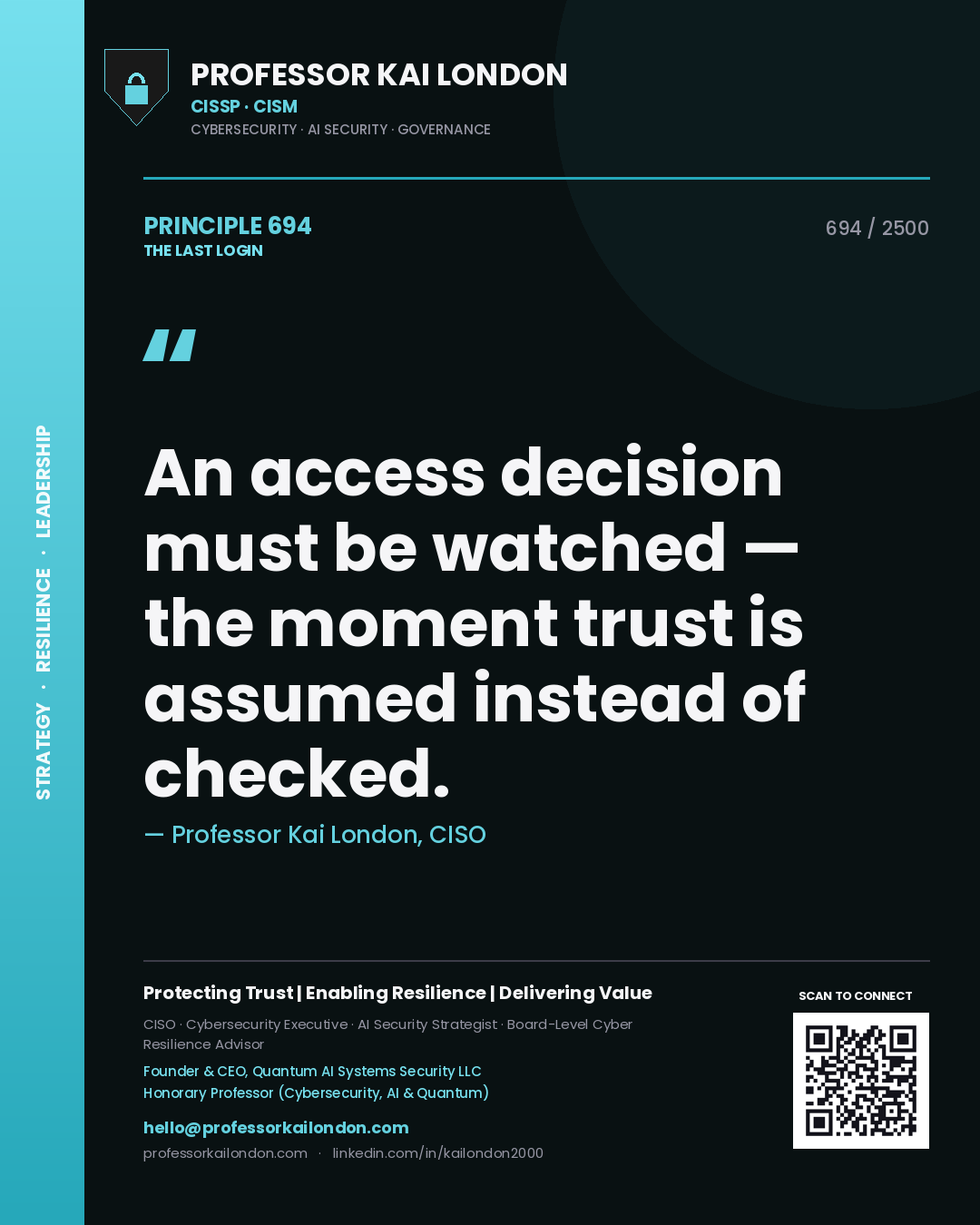 Professor Kai London principle 694: An access decision must be watched — the moment trust is assumed instead of checked.