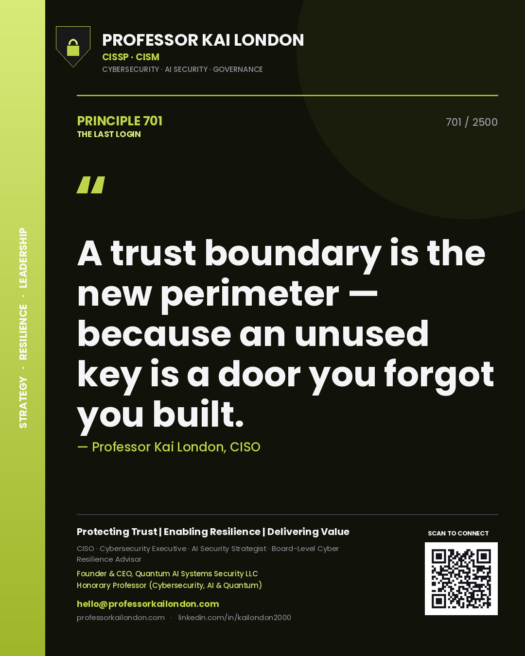 Quote card by Professor Kai London reading 'A trust boundary is the new perimeter — because an unused key is a door you forgot you built.'. From the book The Last Login.