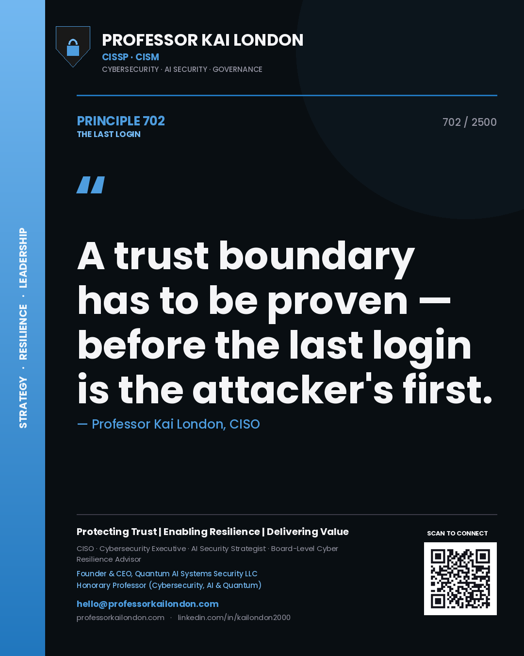 Professor Kai London principle 702: A trust boundary has to be proven — before the last login is the attacker's first.