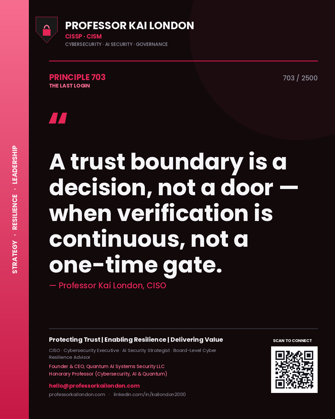 Quote card by Professor Kai London reading 'A trust boundary is a decision, not a door — when verification is continuous, not a one-time gate.'. From the book The Last Login.