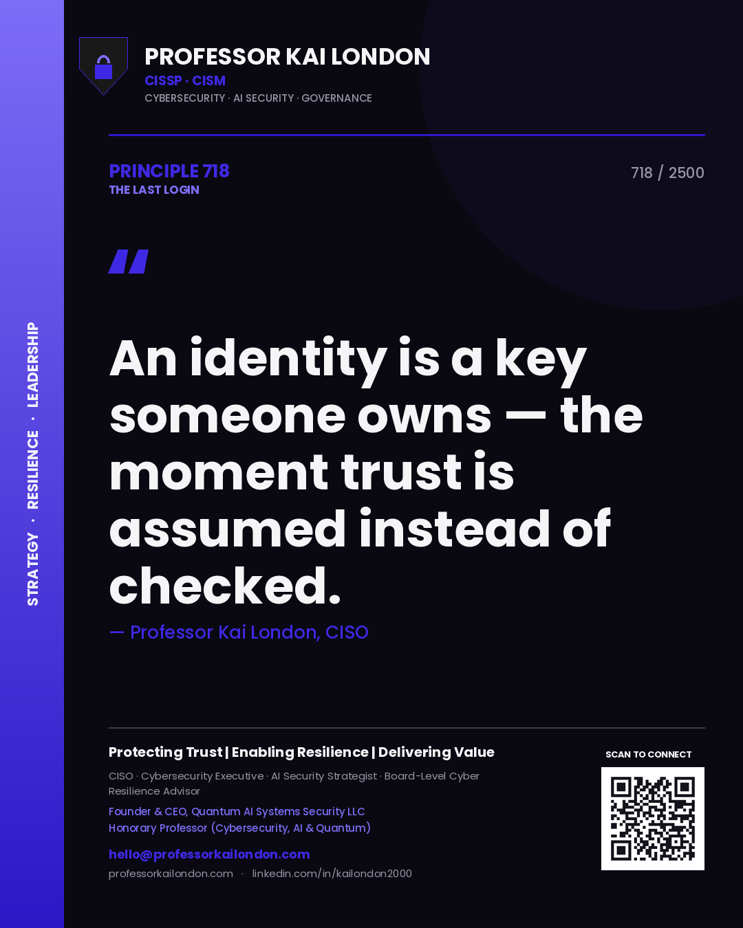 Quote card by Professor Kai London reading 'An identity is a key someone owns — the moment trust is assumed instead of checked.'. From the book The Last Login.