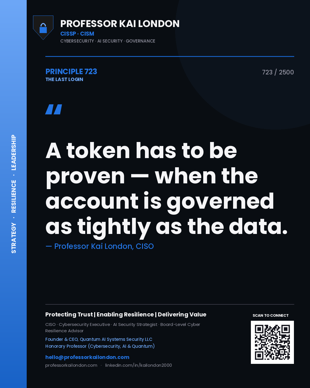 Quote card by Professor Kai London reading 'A token has to be proven — when the account is governed as tightly as the data.'. From the book The Last Login.