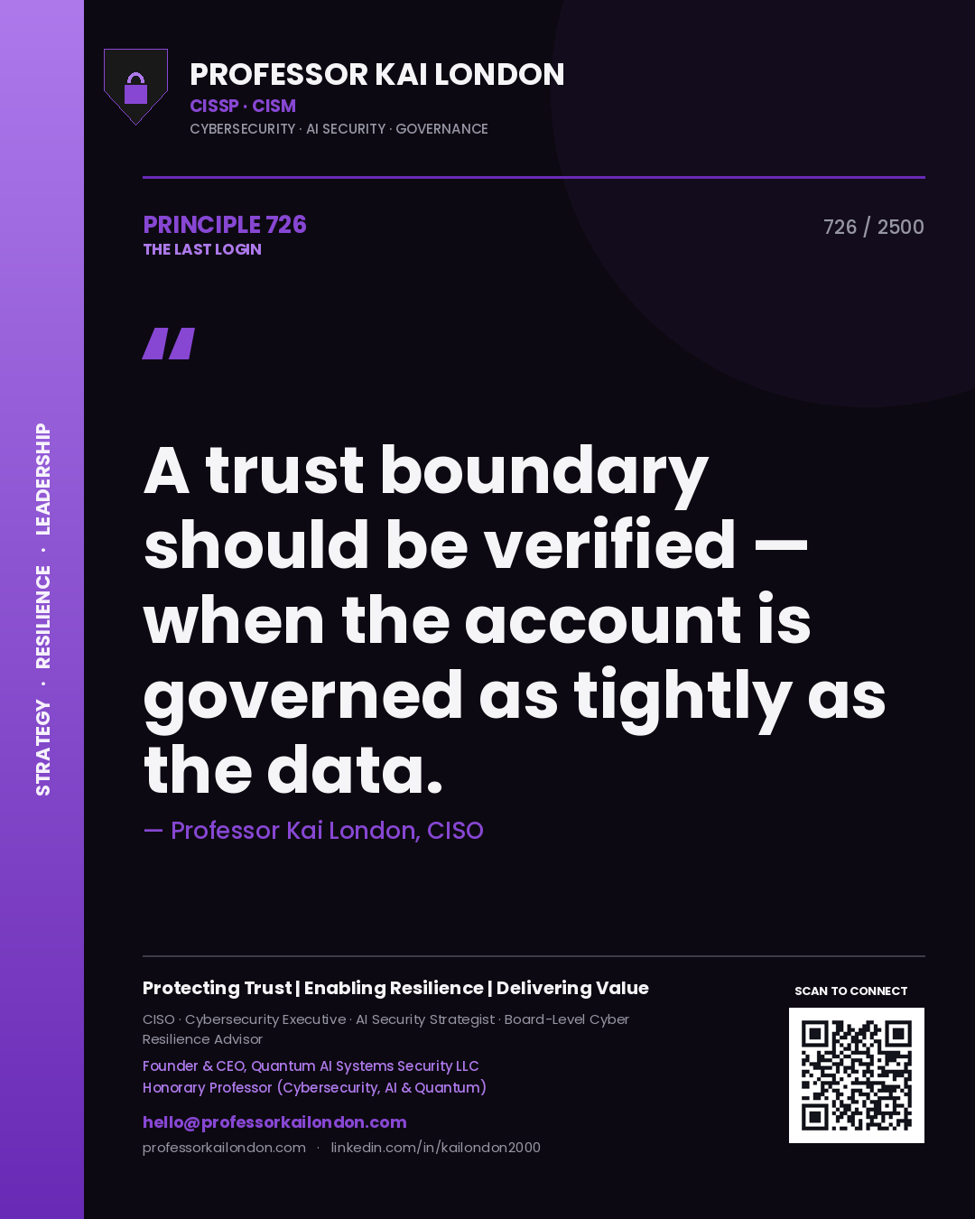 Quote card by Professor Kai London reading 'A trust boundary should be verified — when the account is governed as tightly as the data.'. From the book The Last Login.