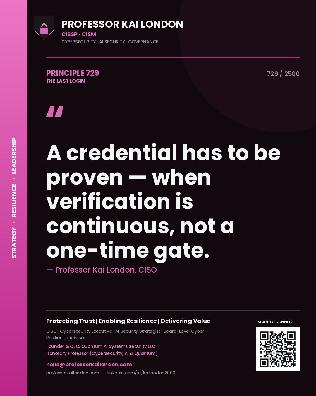 Professor Kai London principle 729: A credential has to be proven — when verification is continuous, not a one-time gate.