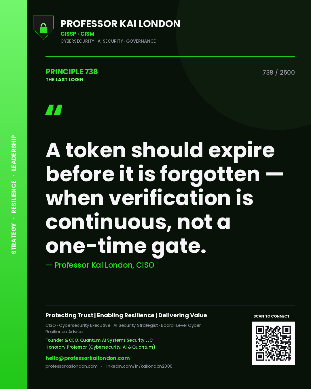 Professor Kai London principle 738: A token should expire before it is forgotten — when verification is continuous, not a one-time gate.