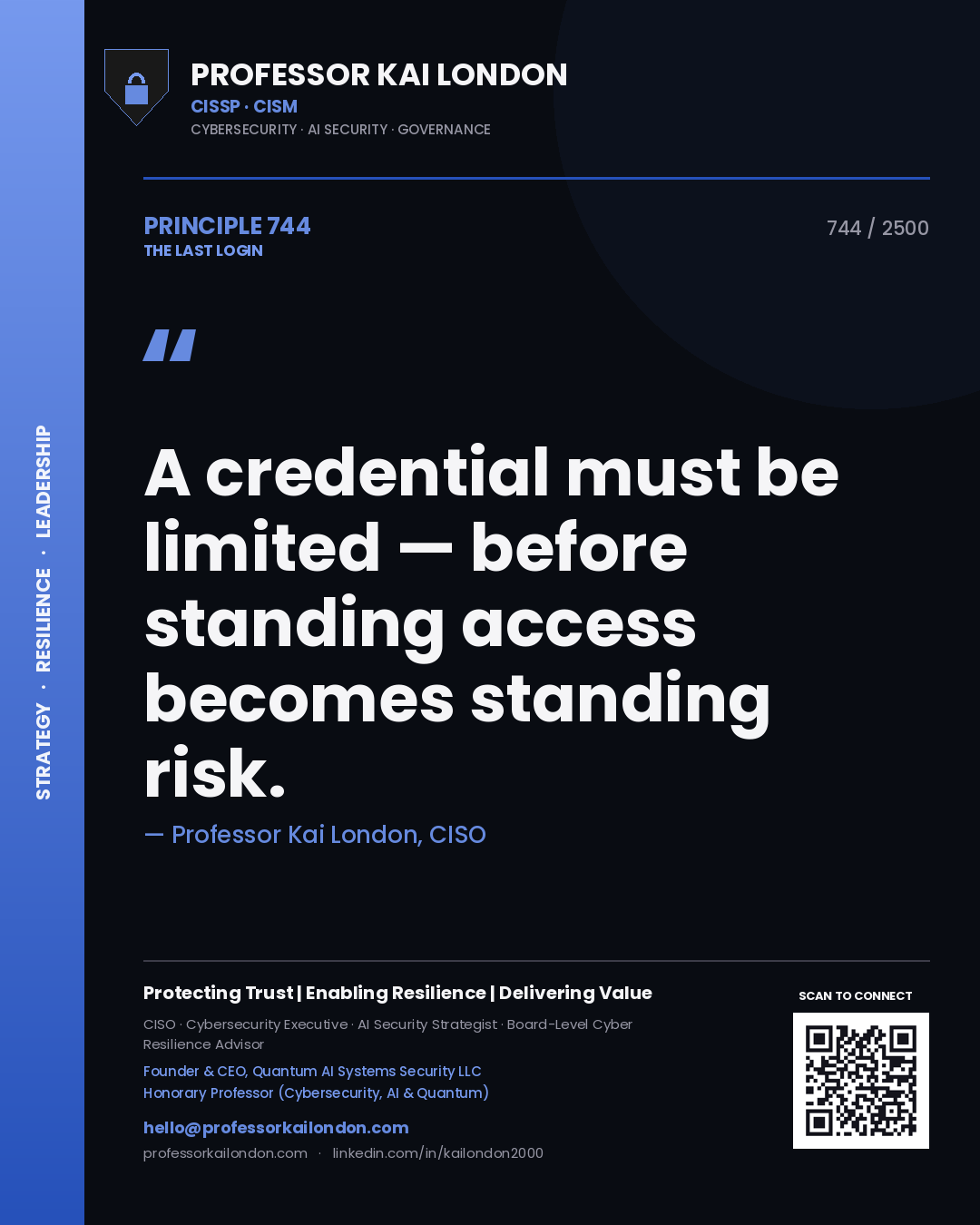 Professor Kai London principle 744: A credential must be limited — before standing access becomes standing risk.