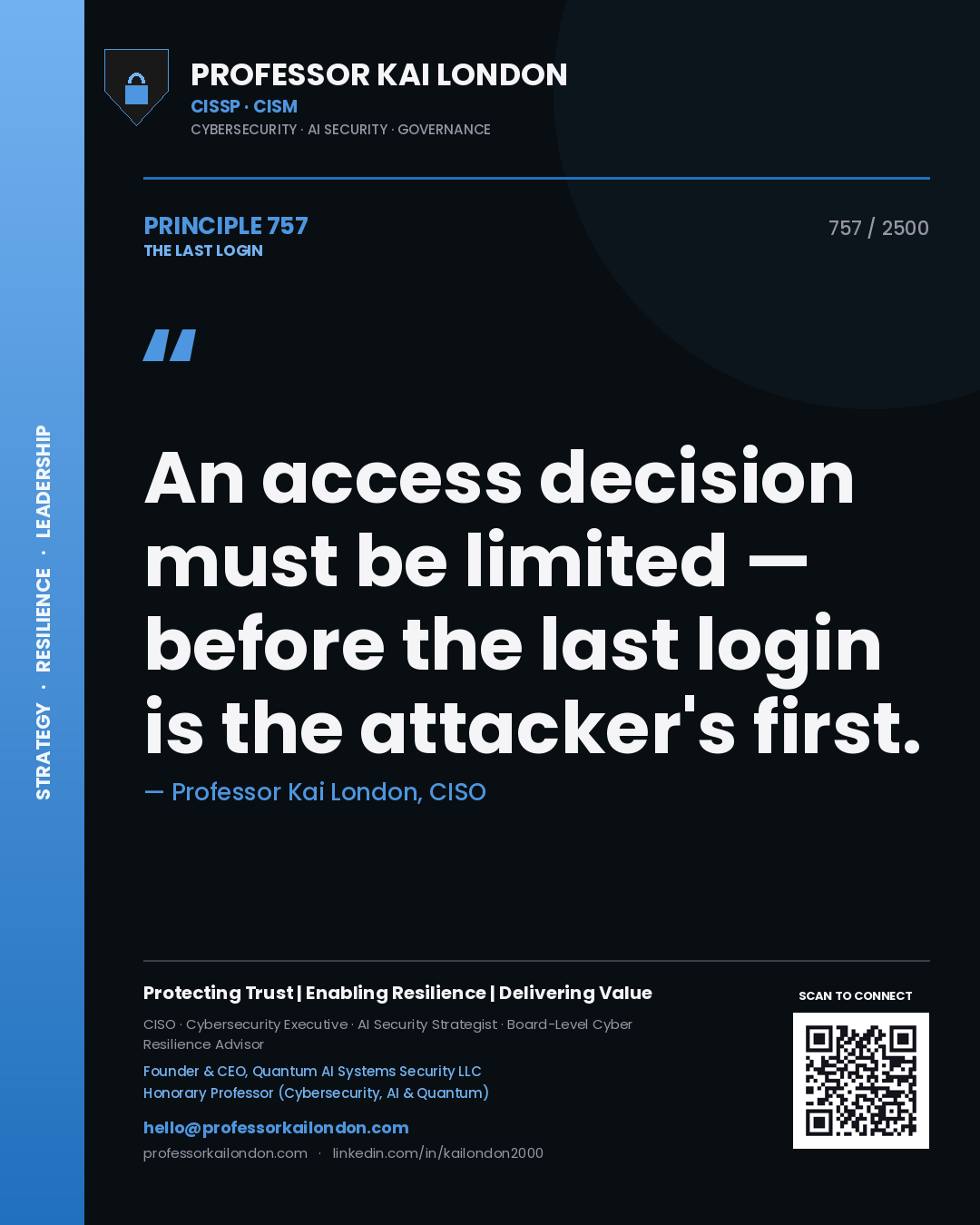 Quote card by Professor Kai London reading 'An access decision must be limited — before the last login is the attacker's first.'. From the book The Last Login.