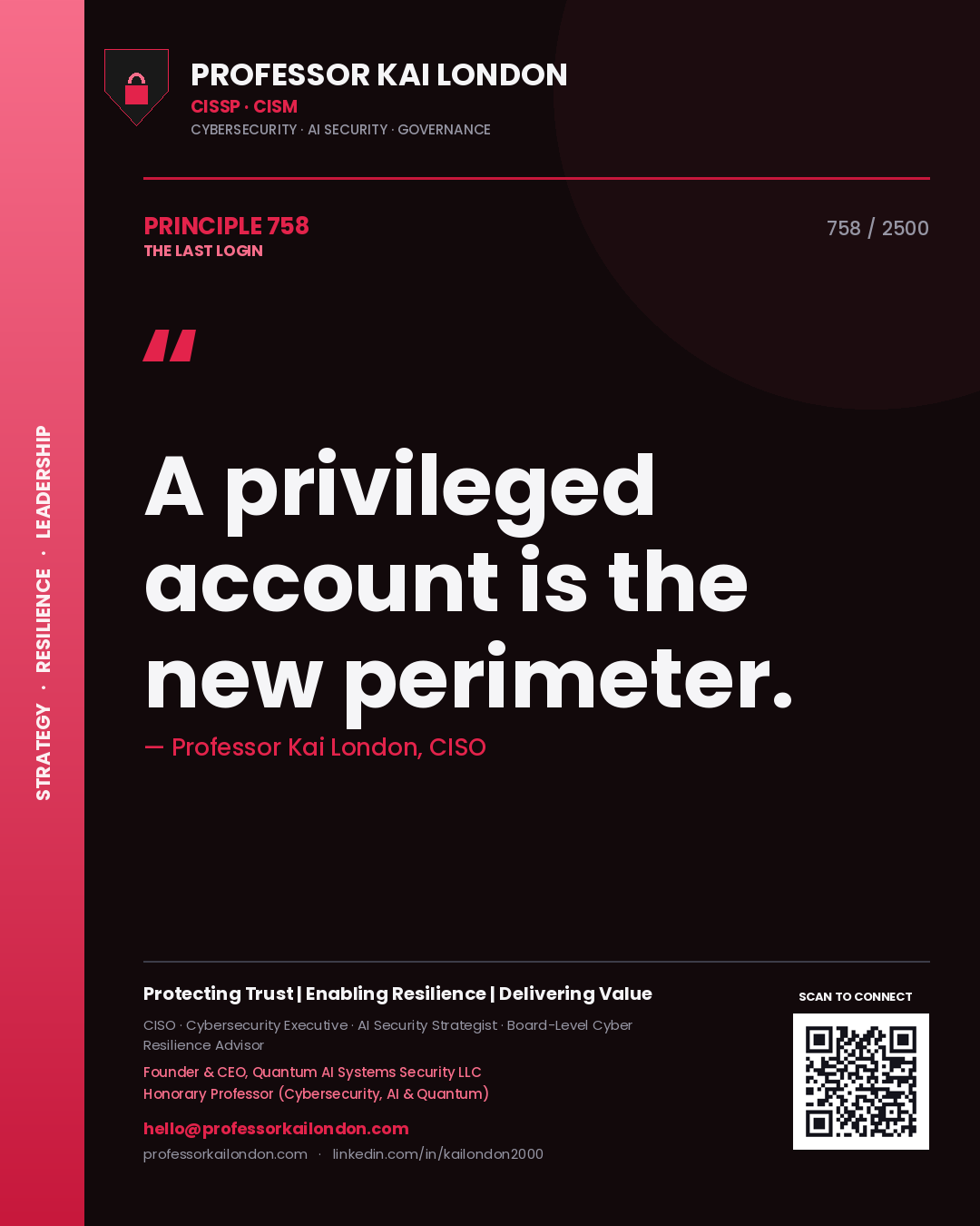Quote card by Professor Kai London reading 'A privileged account is the new perimeter.'. From the book The Last Login.