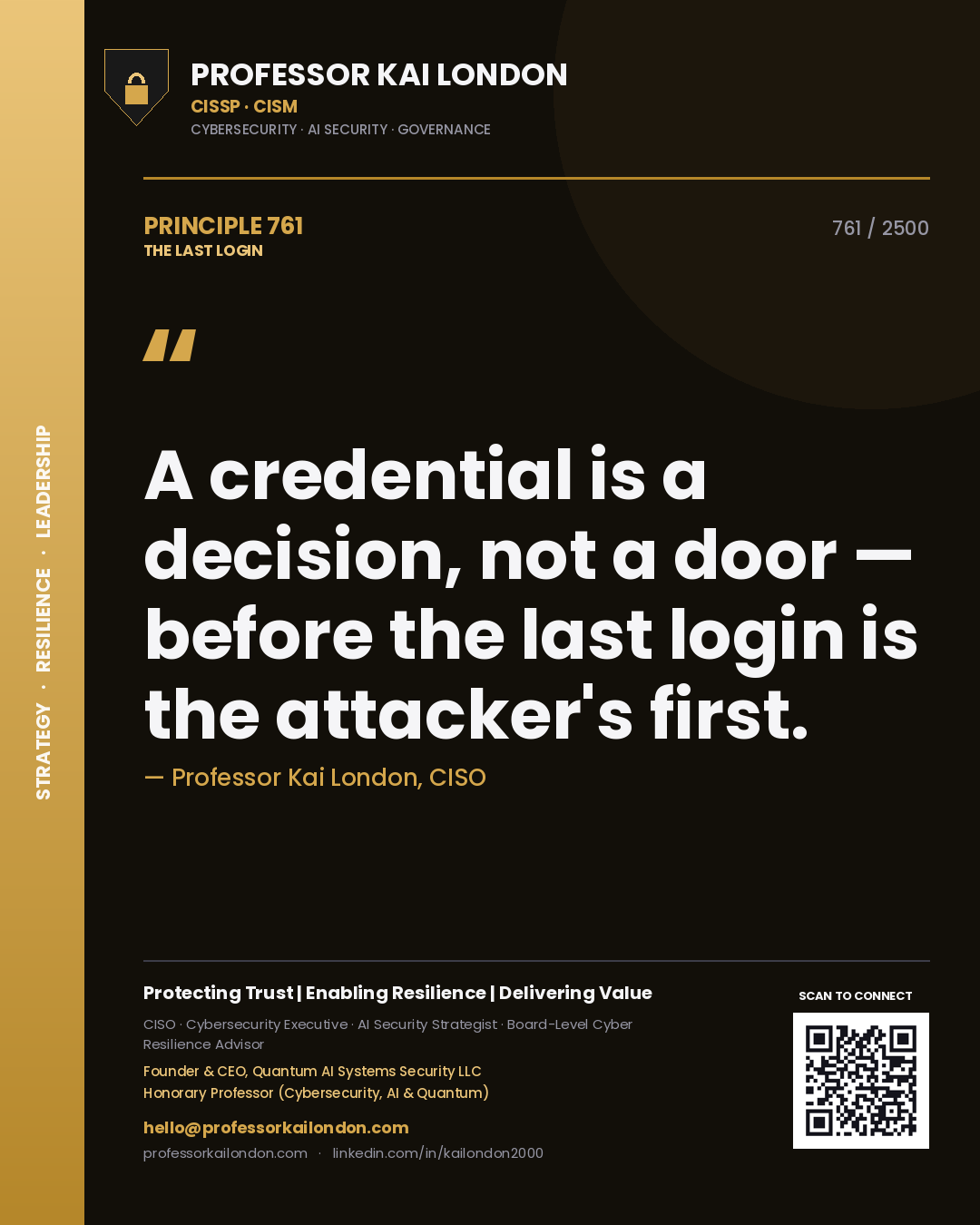 Professor Kai London principle 761: A credential is a decision, not a door — before the last login is the attacker's first.
