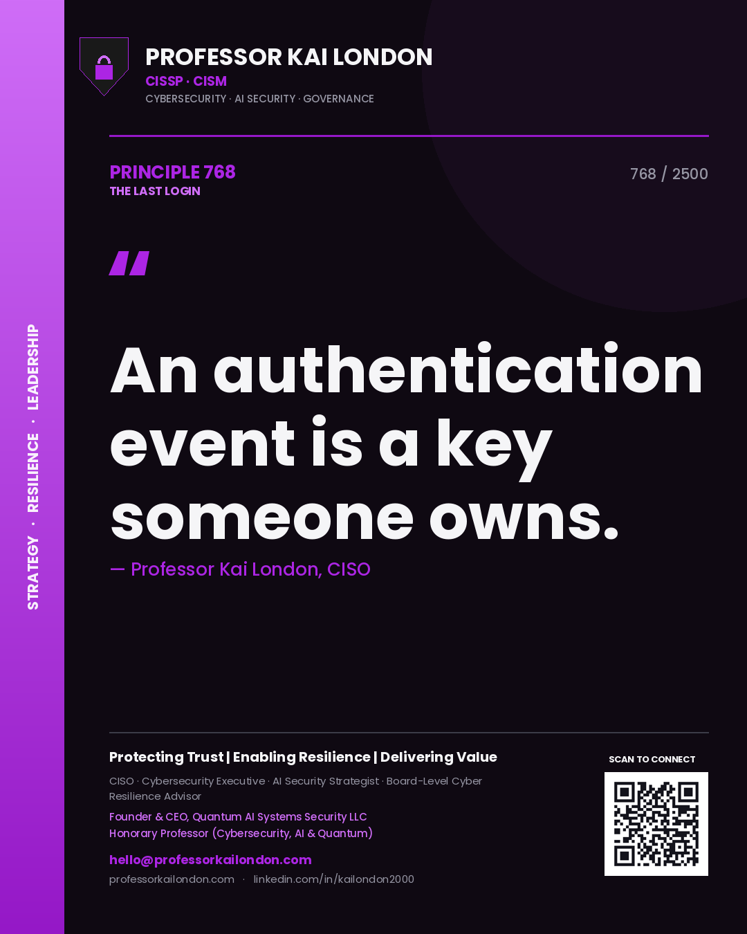 Quote card by Professor Kai London reading 'An authentication event is a key someone owns.'. From the book The Last Login.