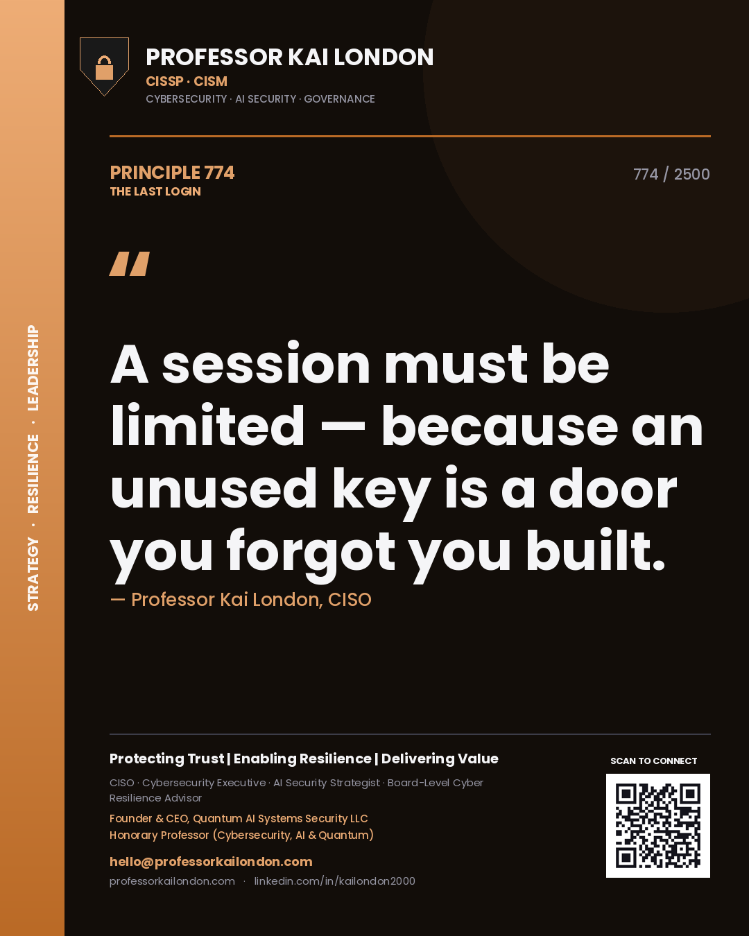 Quote card by Professor Kai London reading 'A session must be limited — because an unused key is a door you forgot you built.'. From the book The Last Login.