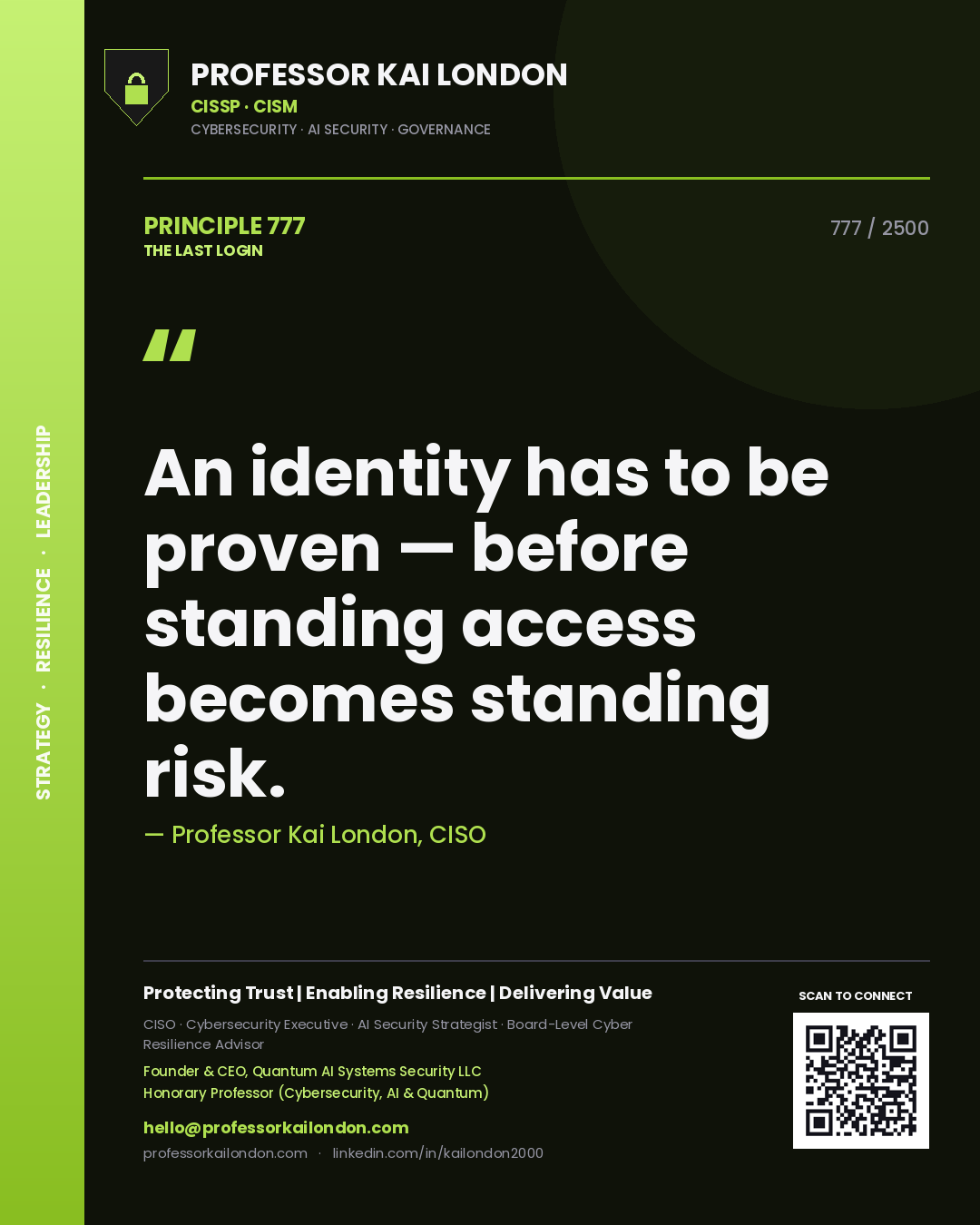Quote card by Professor Kai London reading 'An identity has to be proven — before standing access becomes standing risk.'. From the book The Last Login.