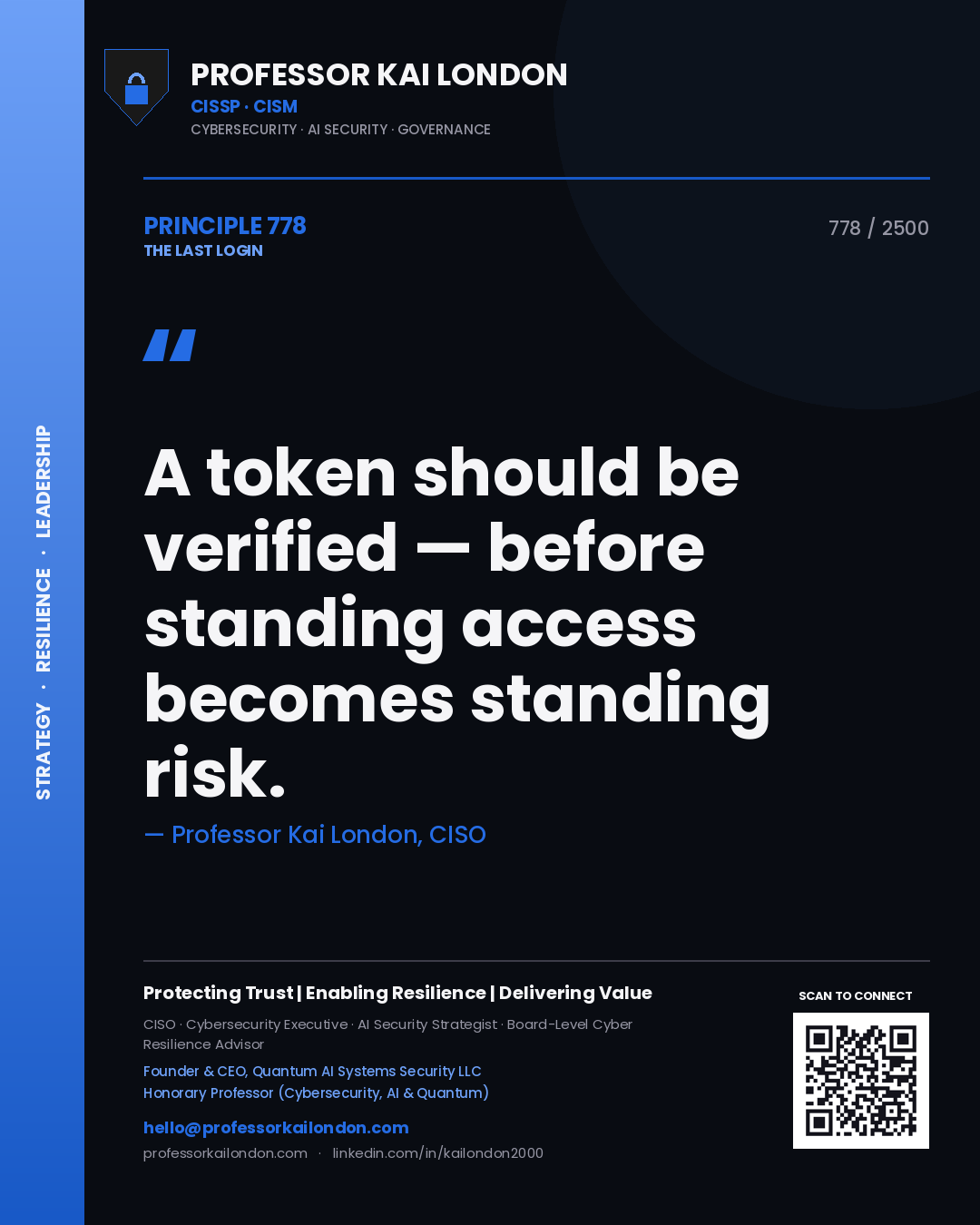 Professor Kai London principle 778: A token should be verified — before standing access becomes standing risk.