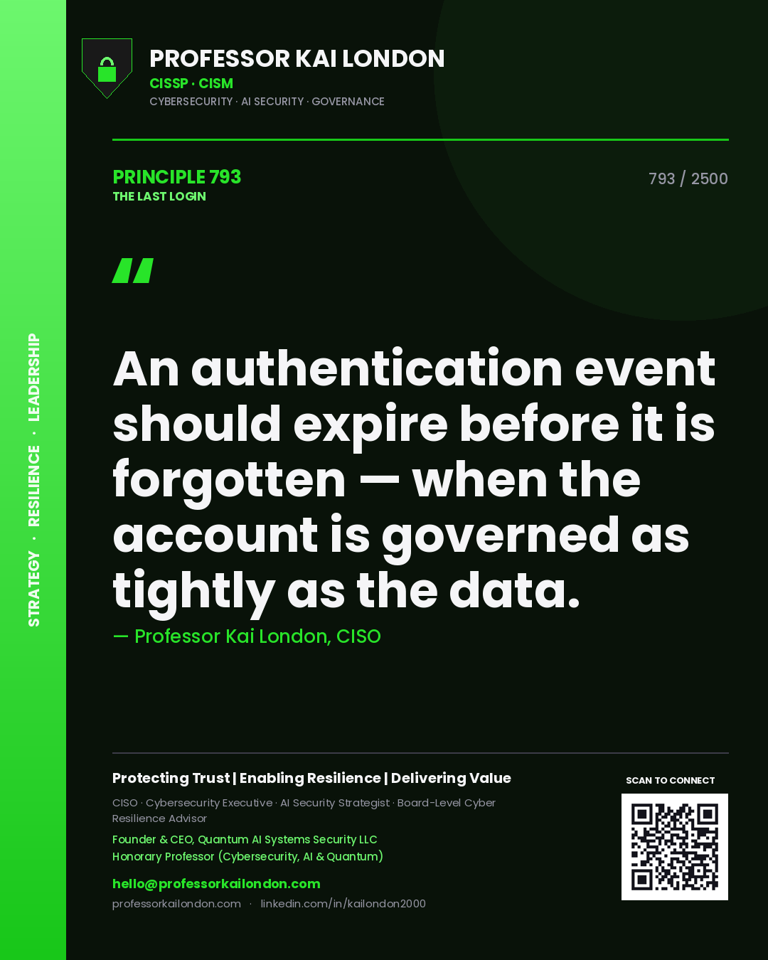 Professor Kai London principle 793: An authentication event should expire before it is forgotten — when the account is governed as tightly as the data.
