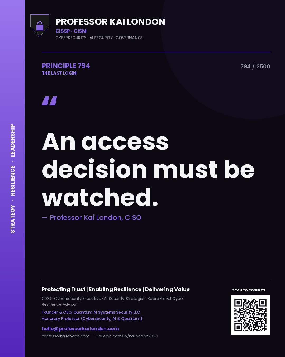 Quote card by Professor Kai London reading 'An access decision must be watched.'. From the book The Last Login.
