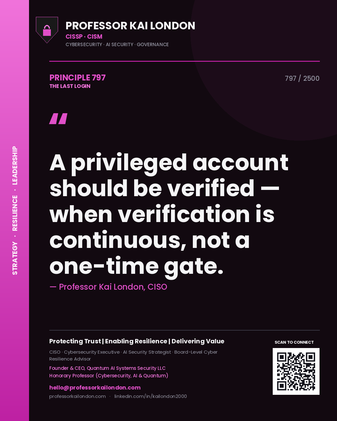 Professor Kai London principle 797: A privileged account should be verified — when verification is continuous, not a one-time gate.