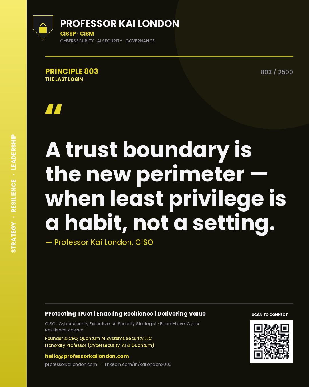 Quote card by Professor Kai London reading 'A trust boundary is the new perimeter — when least privilege is a habit, not a setting.'. From the book The Last Login.
