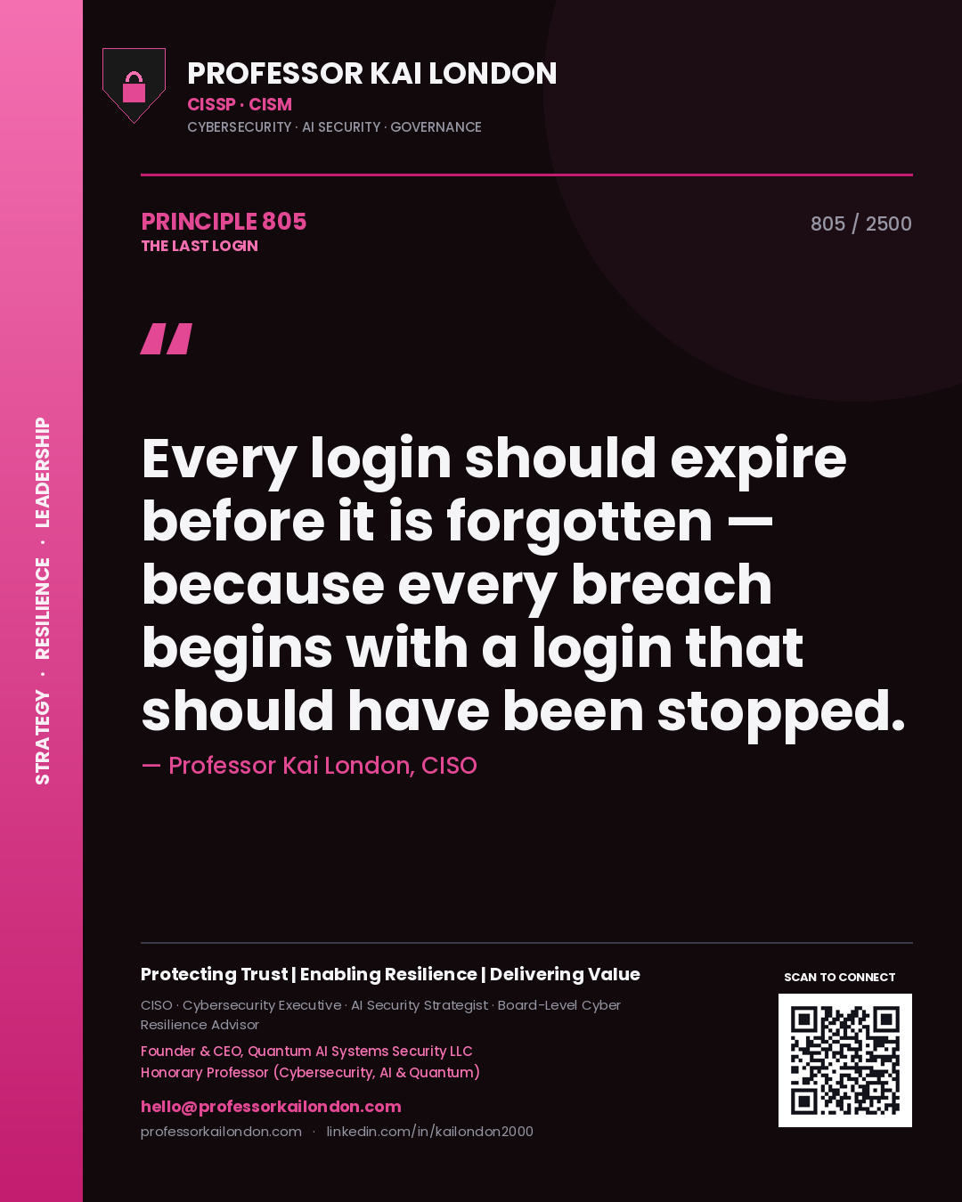Quote card by Professor Kai London reading 'Every login should expire before it is forgotten — because every breach begins with a login that should have been stopped.'. From the book The Last Login.