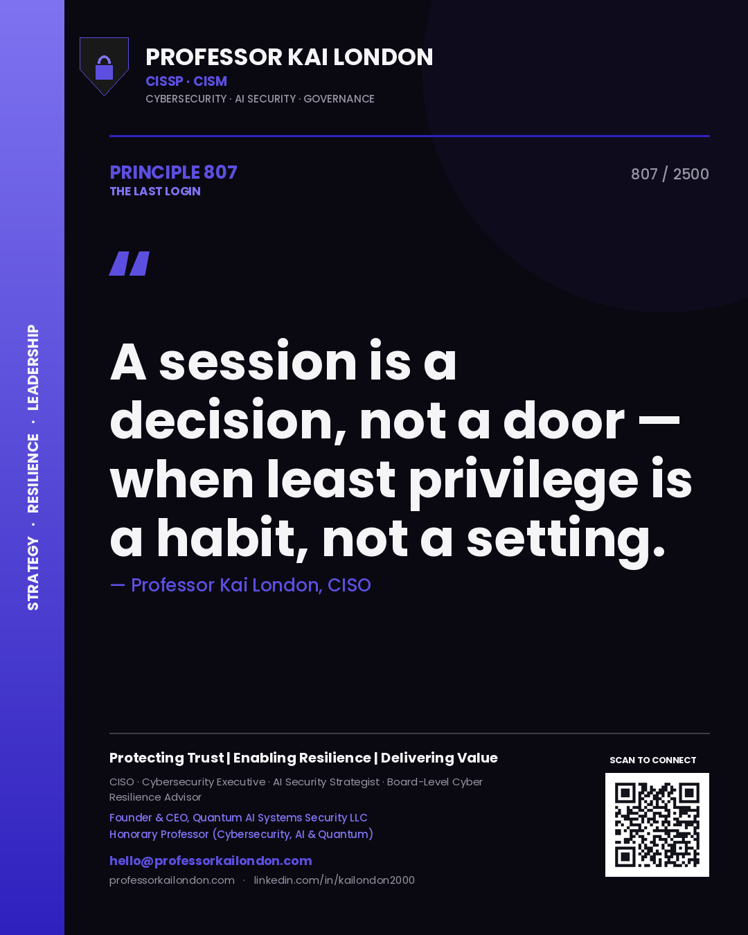 Quote card by Professor Kai London reading 'A session is a decision, not a door — when least privilege is a habit, not a setting.'. From the book The Last Login.