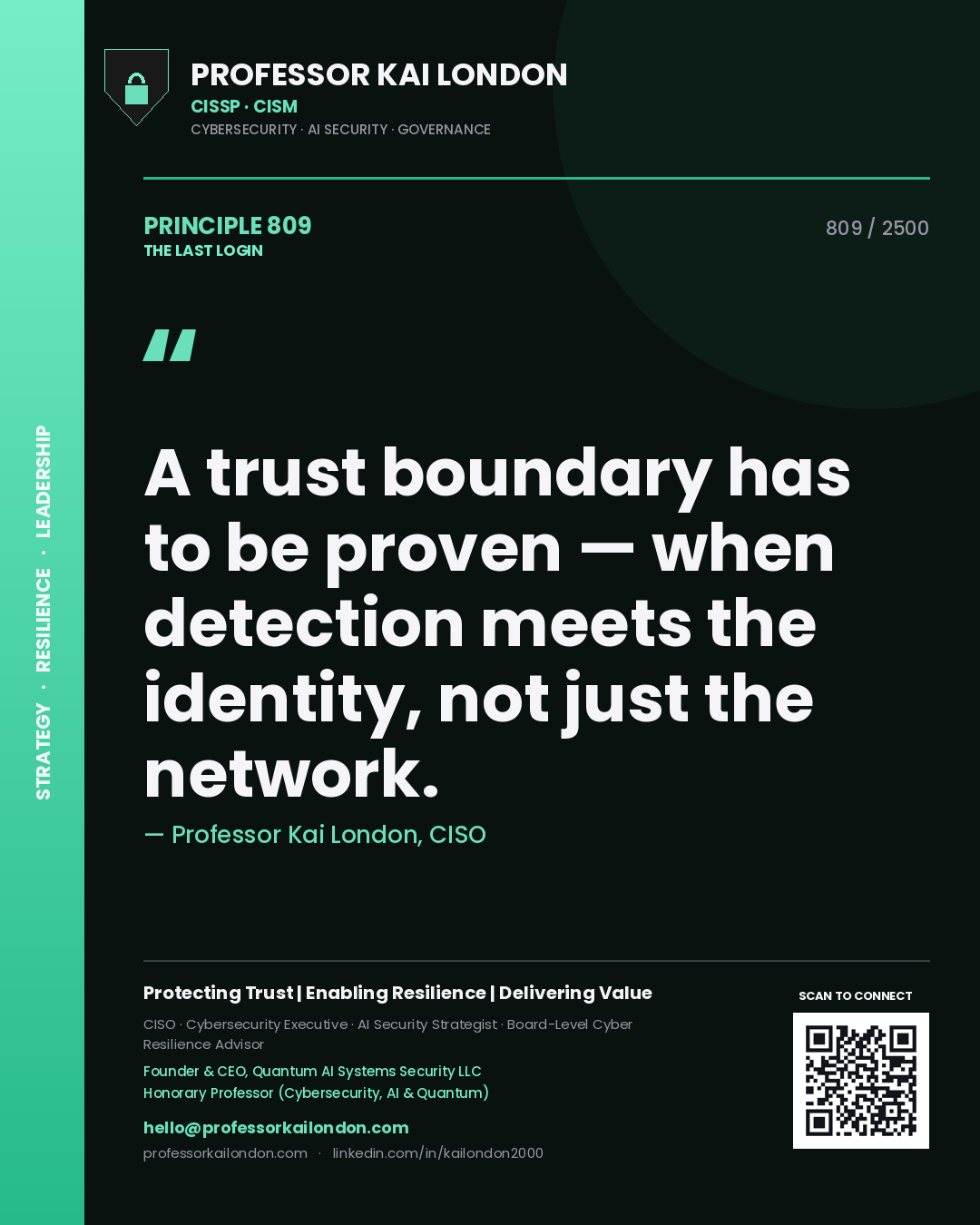 Quote card by Professor Kai London reading 'A trust boundary has to be proven — when detection meets the identity, not just the network.'. From the book The Last Login.
