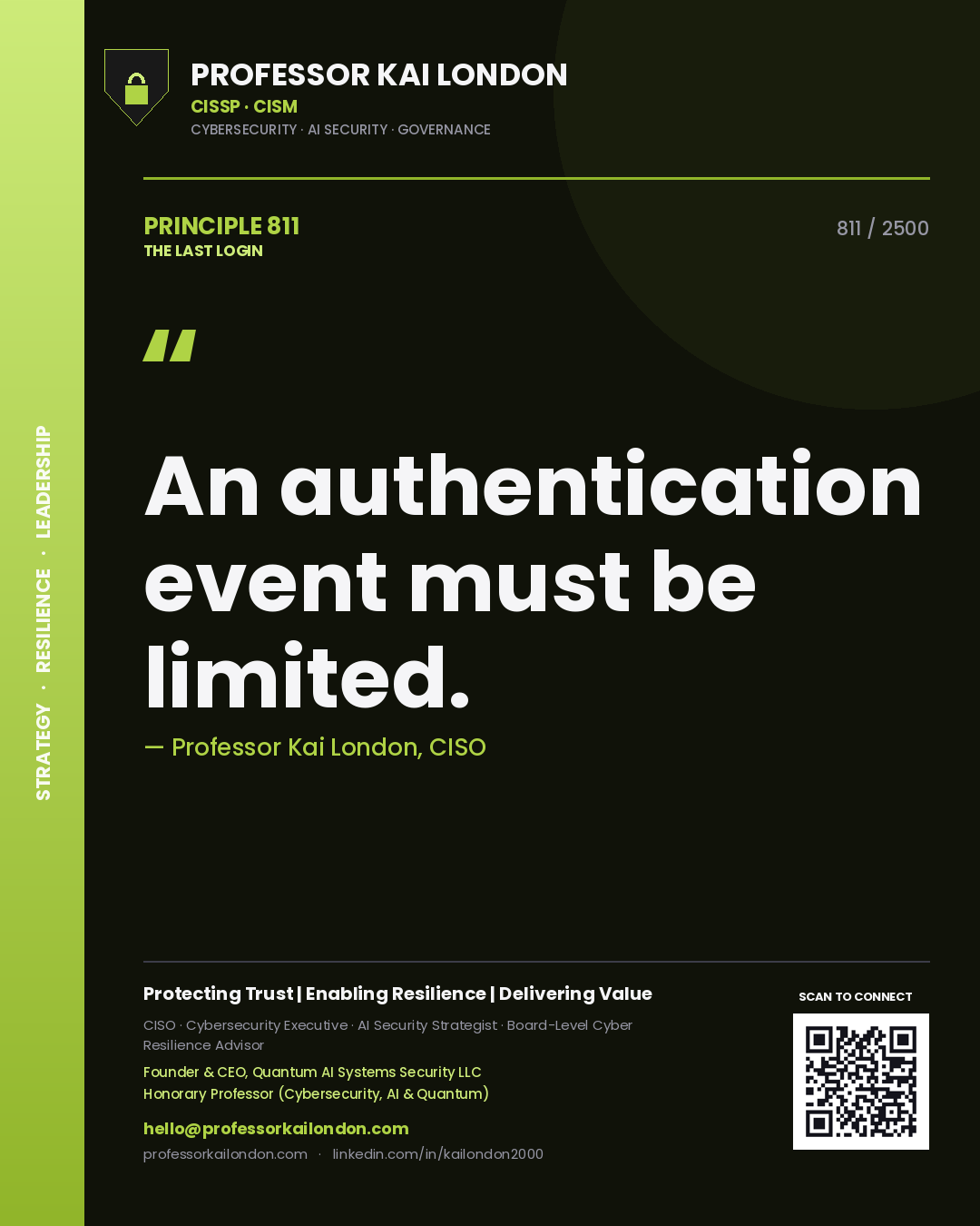 Quote card by Professor Kai London reading 'An authentication event must be limited.'. From the book The Last Login.