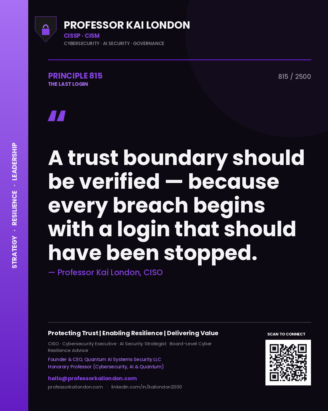 Quote card by Professor Kai London reading 'A trust boundary should be verified — because every breach begins with a login that should have been stopped.'. From the book The Last Login.
